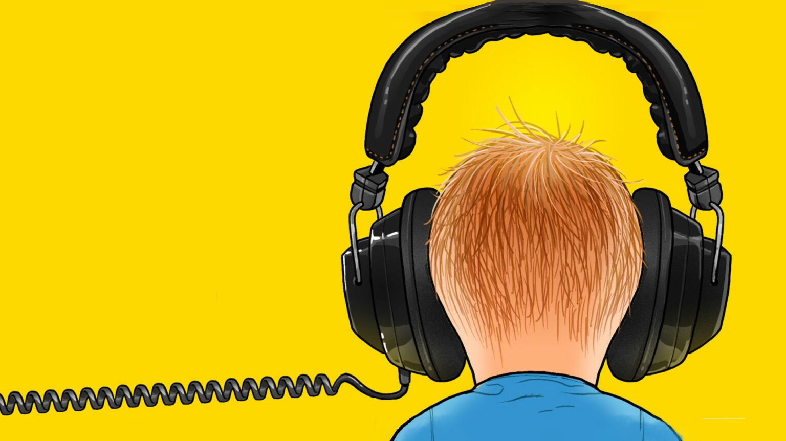 An illustration of the back of a child's head. The child is wearing over-ear headphones.