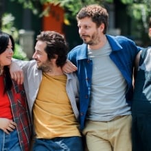 Maya Erskine, Michael Angarano, Michael Cera, and Kristen Stewart in "Sacramento."