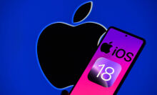 The Apple iOS 18 logo is being displayed on a smartphone with the Apple logo in the background