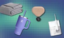 a weighted blanket, water bottle, massage percussion device, and a water flosser on a green and blue pixelated background