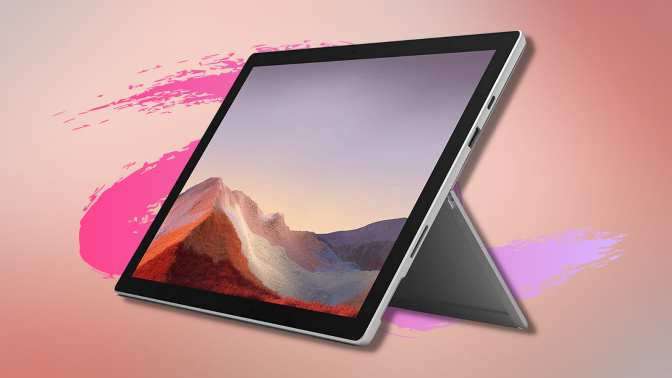 microsoft surface pro 7 with pink background