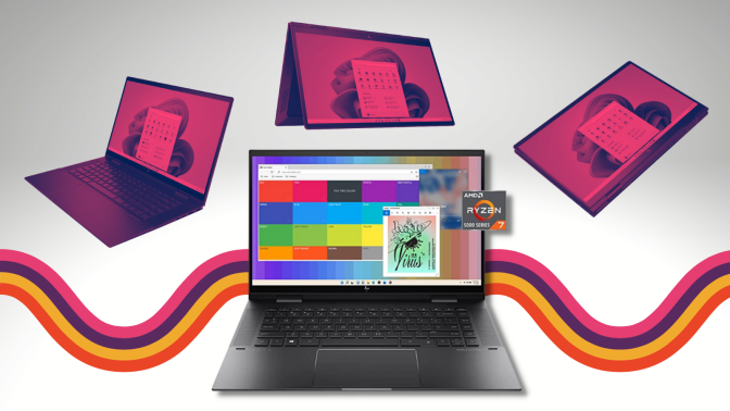 hp envy x360 in four different configurations with pink yellow and orange graphic behind screen