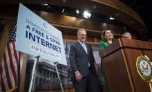 Senate Minority Leader Sen. Charles Schumer, D-NY, and House Minority Leader Nancy Pelosi smile during a press conference following the vote that would help stop the Federal Communications Commission's effort to reverse Obama-era regulations on net neutrality May 16, 2018.