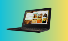 Lenovo ThinkPad laptop on a colorful, gradient background