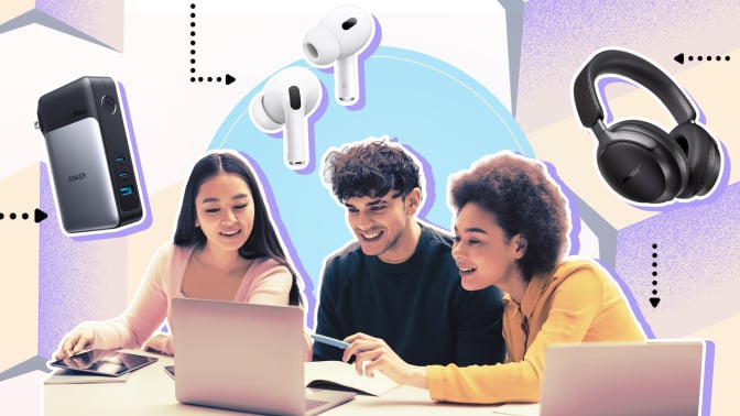 group of college students surrounded by tech products