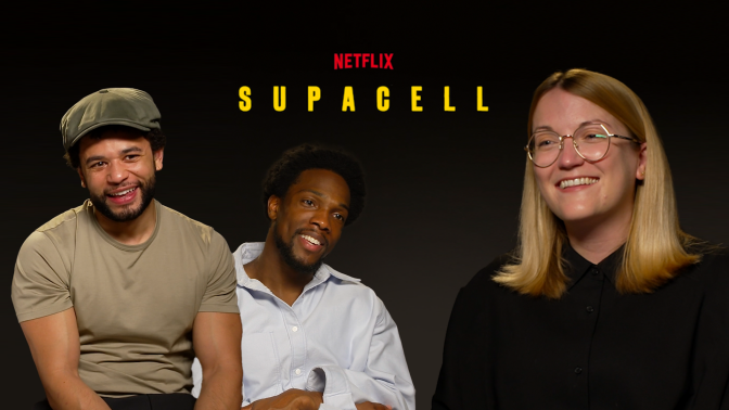 Left to Rish: 'Supacell' cast Calvin Demba , Tosin Cole, and Mashable UK editor Shannon Connellan smile against a 'Supacell' background