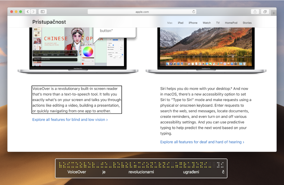 Prozor brajice s prikazom što je u VoiceOver kursoru na web stranici. Prozor brajice prikazuje simulirane žute točke brajice, s odgovarajućim tekstom ispod točaka.