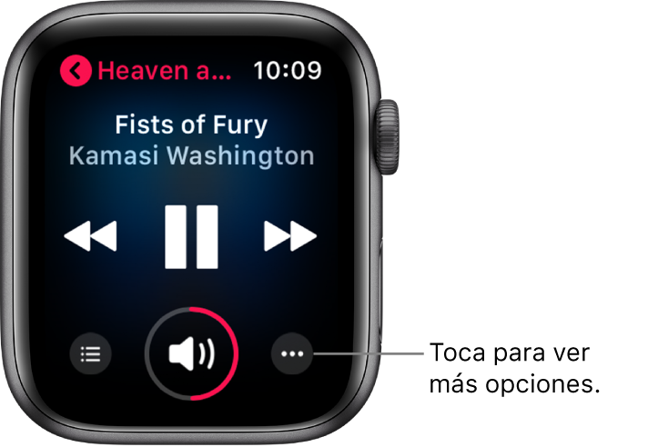 La pantalla de "Ahora suena" mostrando los controles de reproducción y de volumen, arriba de ellos se muestra el nombre de una canción y un artista y, en la esquina superior izquierda, el título del álbum.