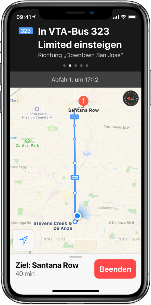 Eine ÖPNV-Karte mit den Haltestellen einer Buslinie. Im Banner am oberen Bildschirmrand ist die Anweisung zu sehen „in den Bus „VTA 323 Limited“ in Richtung Stadtmitte von San Jose einzusteigen.“