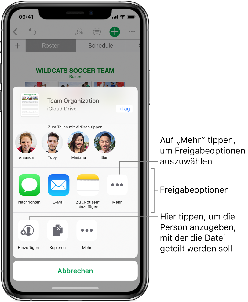 Der Bildschirm „Dateifreigabe“. Oben befindet sich die Datei, die geteilt werden soll. Darunter sind die Personen zu sehen, mit denen du Inhalte per AirDrop teilen kannst. In der Reihe darunter sind die Freigabeoptionen zu sehen, zum Beispiel „Nachricht“, „Mail“ und „Zu 'Notizen' hinzufügen“ und „Mehr“. Ganz unten befinden sich Tasten für Aktionen wie „Personen hinzufügen“, „Kopieren“ und „Mehr“.