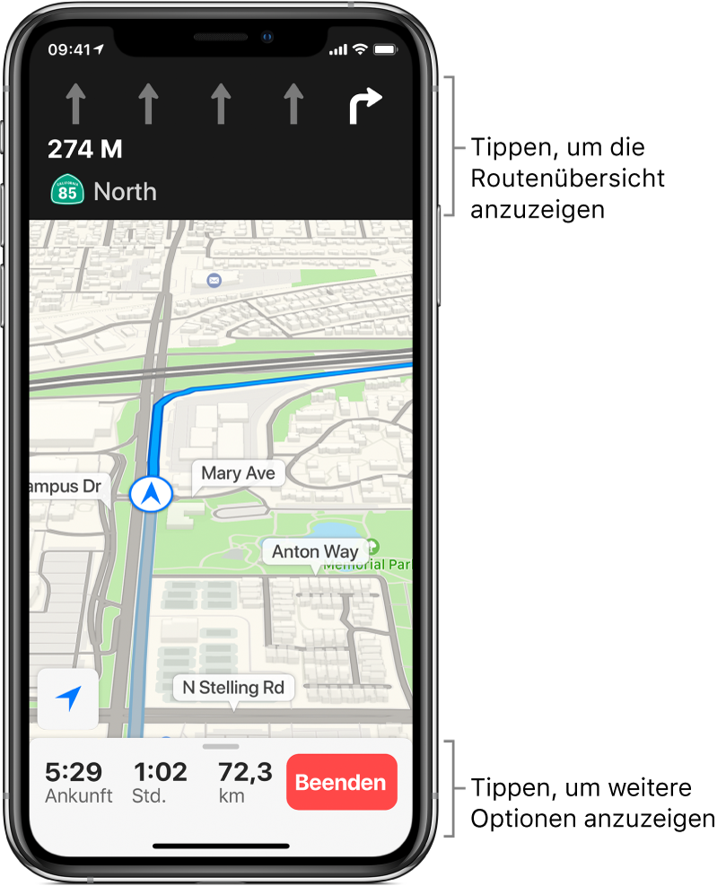 Eine Karte mit einer Route und der Anweisung, nach 900 Feet nach rechts abzubiegen. Am unteren Kartenrand werden links von der Taste „Beenden“ die voraussichtliche Ankunftszeit, die verbleibende Fahrzeit und die Fahrstrecke in Meilen angezeigt.