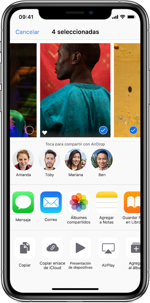 La pantalla Compartir con fotos en la parte superior, hay dos fotos seleccionadas que tienen una marca de selección blanca en un círculo azul. La fila debajo de las fotos muestra amigos con los cuales puedes compartir mediante AirDrop. Debajo hay otras opciones para compartir, incluyendo, de izquierda a derecha, Mensajes, Mail, "Álbumes compartidos" y "Agregar a Notas". En la fila inferior se encuentran los botones Copiar, "Copiar enlace de iCloud", "Presentación de diapositivas", AirPlay y "Agregar a álbum"