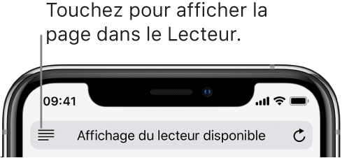 Le champ d’adresse de Safari, avec le bouton Lecteur à gauche.