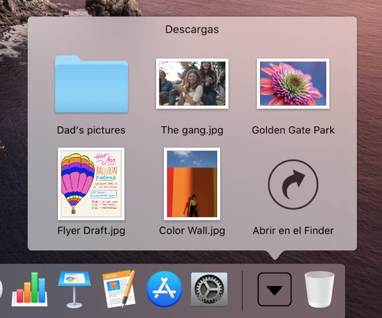 La pila Descargas en el Dock abierta para mostrar sus contenidos en una cuadrícula.