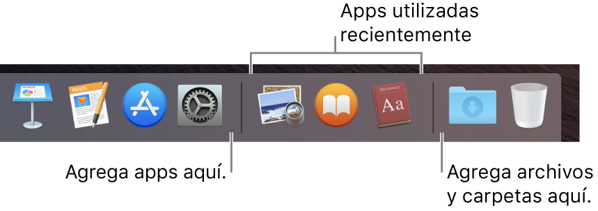 El extremo derecho del Dock. Agrega apps a la izquierda de la sección de apps utilizadas recientemente, y agrega carpetas a la derecha de dicha sección, donde se sitúan la pila Descargas y el Basurero.