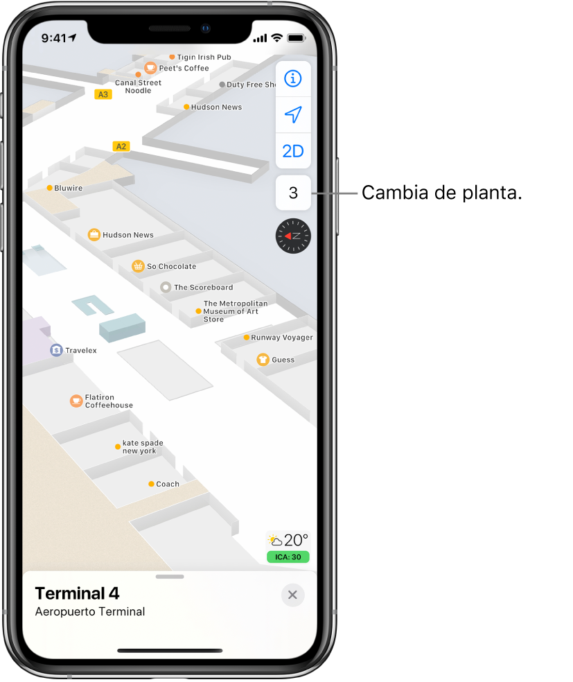 Un mapa interior de la terminal de un aeropuerto. El mapa muestra negocios y salas de abordar.