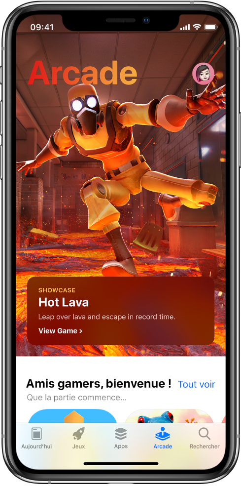 Écran Arcade de l’App Store montrant un jeu recommandé. Votre photo de profil, que vous touchez pour afficher les achats et gérer les abonnements, se trouve en haut à droite. En bas de l’écran, de gauche à droite, se trouvent les onglets Aujourd’hui, Jeux, Apps, Arcade et Rechercher.