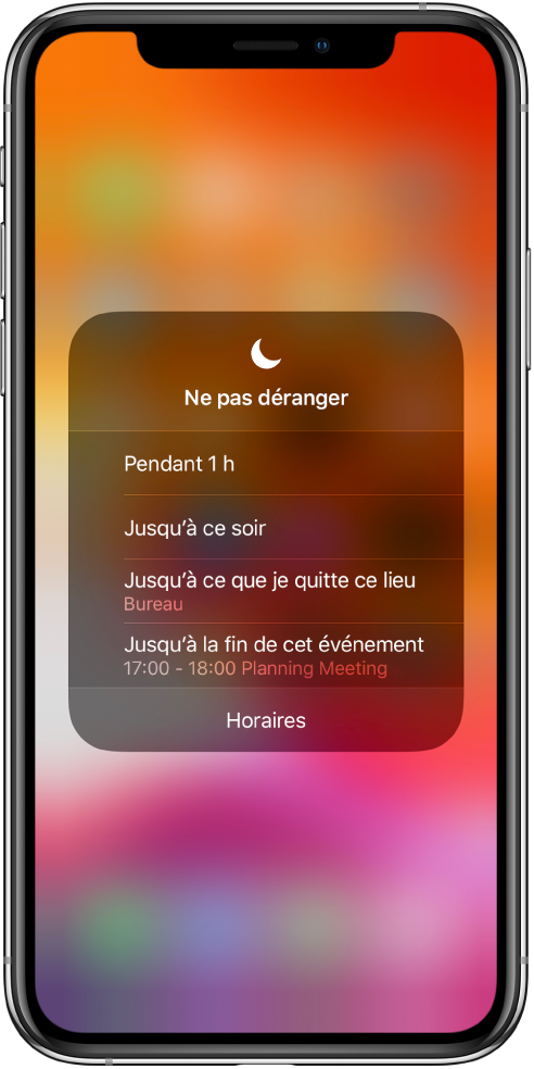 L’écran de sélection de la durée de la fonctionnalité « Ne pas déranger ». Les différentes options disponibles sont : Pendant 1 heure, Jusqu’à ce soir, Jusqu’à ce que je quitte ce lieu et Jusqu’à la fin de cet événement.