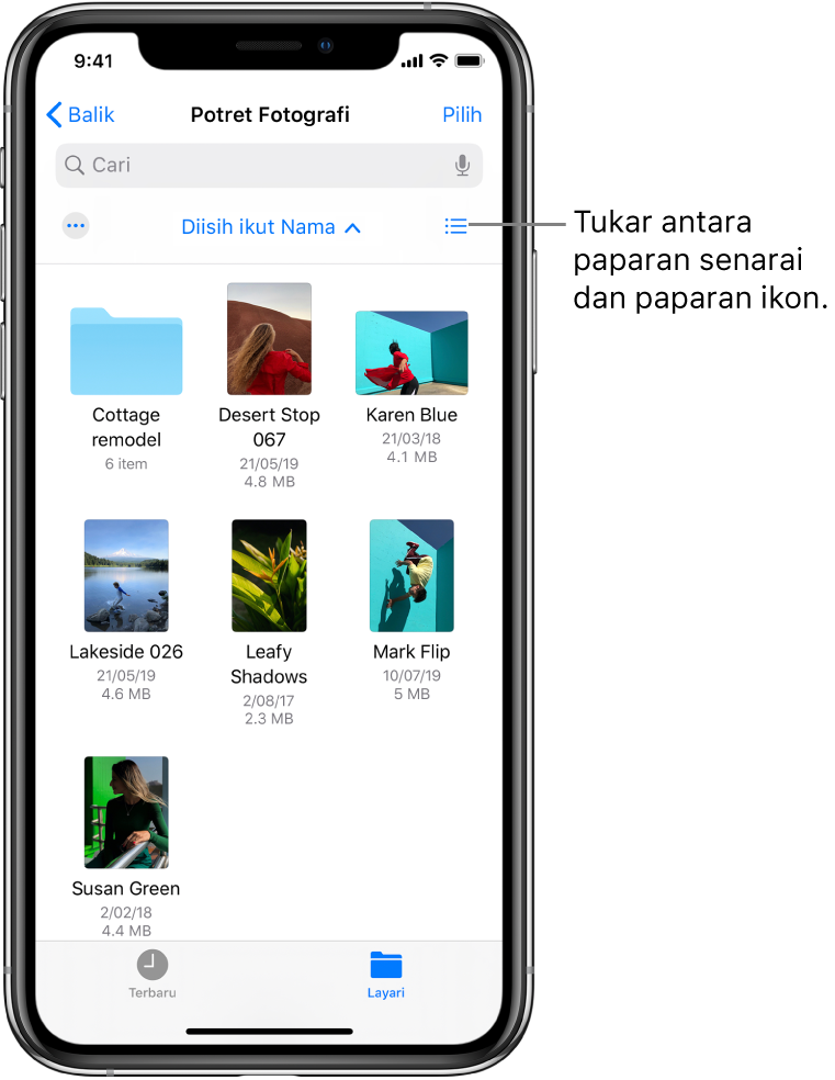 Lokasi iCloud Drive untuk fail Fotografi. Item diisih mengikut nama dan mengandungi folder yang dipanggil Model semula kotej dan enam dokumen: Desert Stop, Karen Blue, Lakeside, Leafy Shadows, Mark Flip dan Susan Green. Butang untuk menukar antara paparan senarai dan ikon kelihatan berdekatan kanan atas.