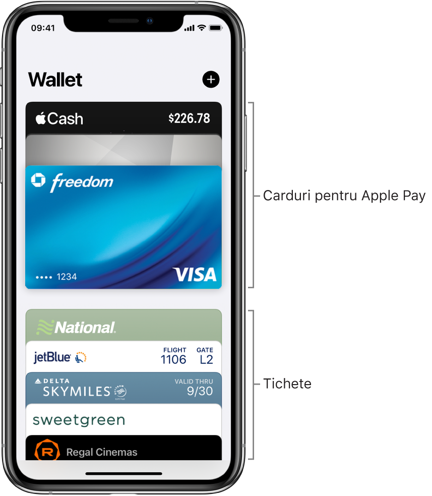 Ecranul Wallet afișând partea de sus a mai multor carduri de credit și de debit și tichete.