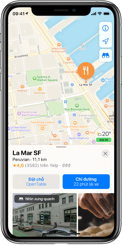 Một bản đồ đang hiển thị vị trí của một nhà hàng. Thẻ thông tin ở cuối màn hình bao gồm các nút để đặt chỗ và nhận chỉ đường.
