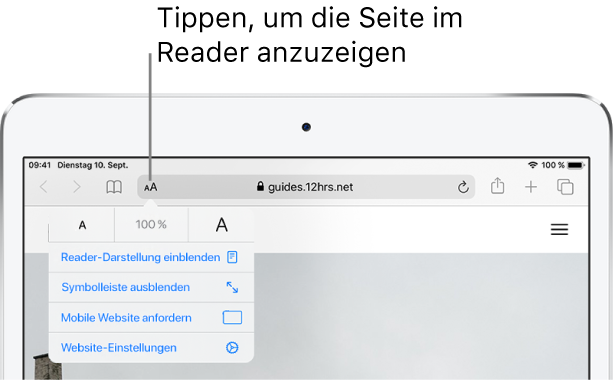 Die Safari-Symbolleiste mit der Taste „Reader“ auf der linken Seite des Adressfelds.