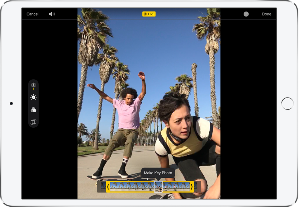 A Live Photo in Edit mode. On the left side of the screen the Live button is selected. The photo is in the middle of the screen and the Live Photo frames are displayed below it. The selected Key Photo frame is outlined in white; the Make Key Photo option appears above the frame.
