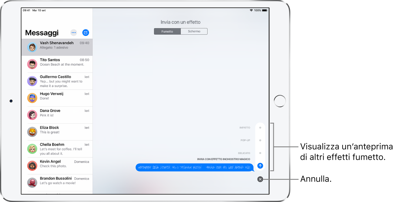 L'anteprima di un messaggio con l'effetto inchiostro magico. In basso a destra, tocca un controllo per vedere l'anteprima di altri effetti fumetto. Tocca nuovamente lo stesso controllo per inviare, oppure tocca il pulsante Annulla, in basso, per ritornare al messaggio.