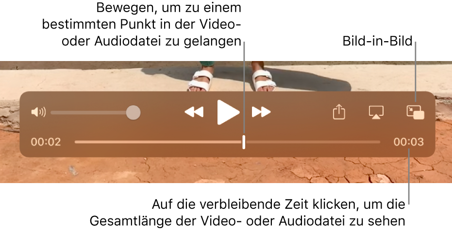 Die QuickTime-Wiedergabesteuerungen Oben befinden sich der Lautstärkeregler, die Rückspultaste, die Taste für Wiedergabe/Pause und die Taste für den schnellen Vorlauf. Unten befindet sich die Abspielposition, die du bewegen kannst, um zu einem bestimmten Punkt in der Datei zu gelangen Die verbleibende Wiedergabedauer der Datei wird unten rechts angezeigt