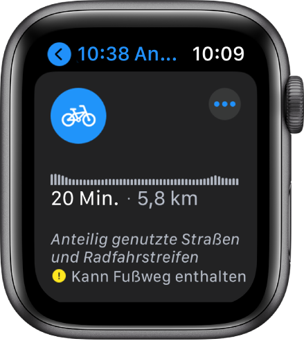 Die Apple Watch zeigt eine Fahrradroute mit einer Übersicht über Höhenunterschiede entlang der Strecke, die geschätzte Zeit und Entfernung sowie Hinweise auf eventuelle Probleme, die dich auf der Route erwarten könnten.