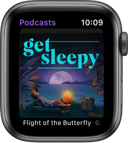 Die App „Podcasts“ auf der Apple Watch zeigt das Coverbild eines Podcasts. Tippe auf das Coverbild, um die Folge wiederzugeben.