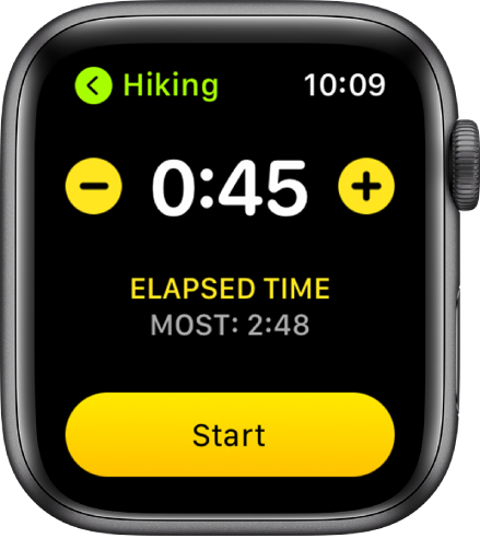The goal screen showing the time near the top, with – and + buttons on either side, and the Start button at the bottom.