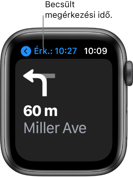 A Térképek alkalmazás; balra fent látható a becsült érkezési idő, a következő fordulás utcája és a kanyarig hátralévő távolság.