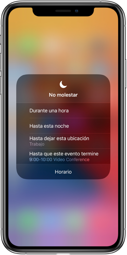 La pantalla para elegir cuánto tiempo permanece activo el modo "No molestar". Las opciones son "1 hora", "Hasta esta noche", "Hasta dejar esta ubicación" y "Hasta que este evento termine".»