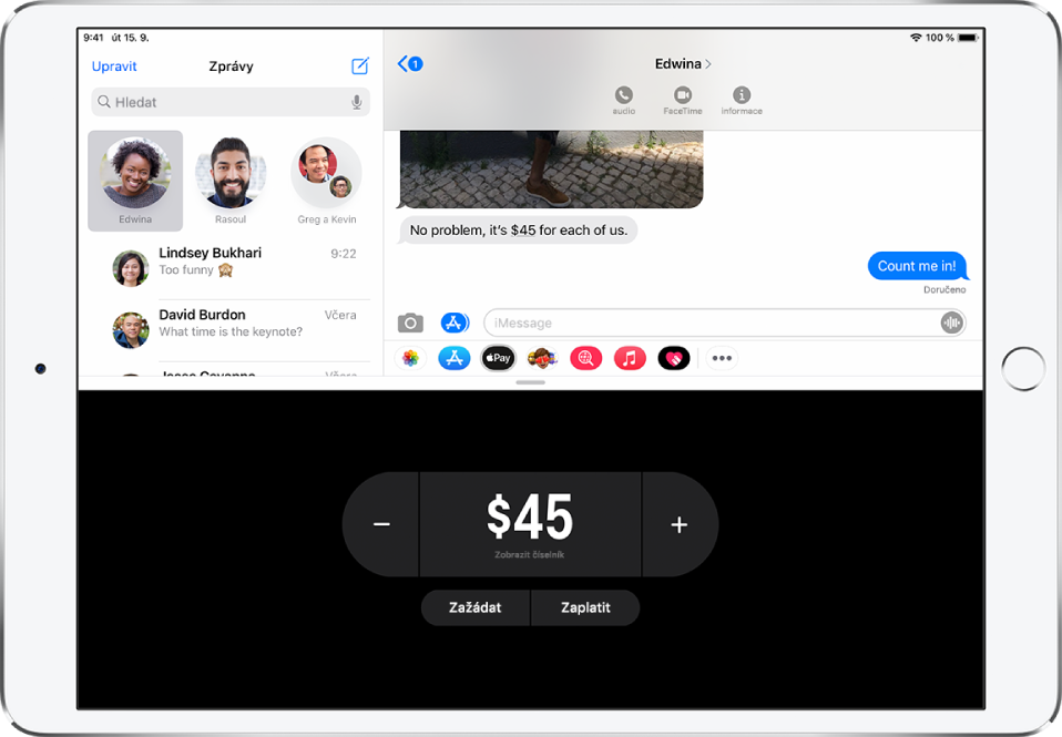 Konverzace iMessage s otevřenou aplikací Apple Pay v dolní části