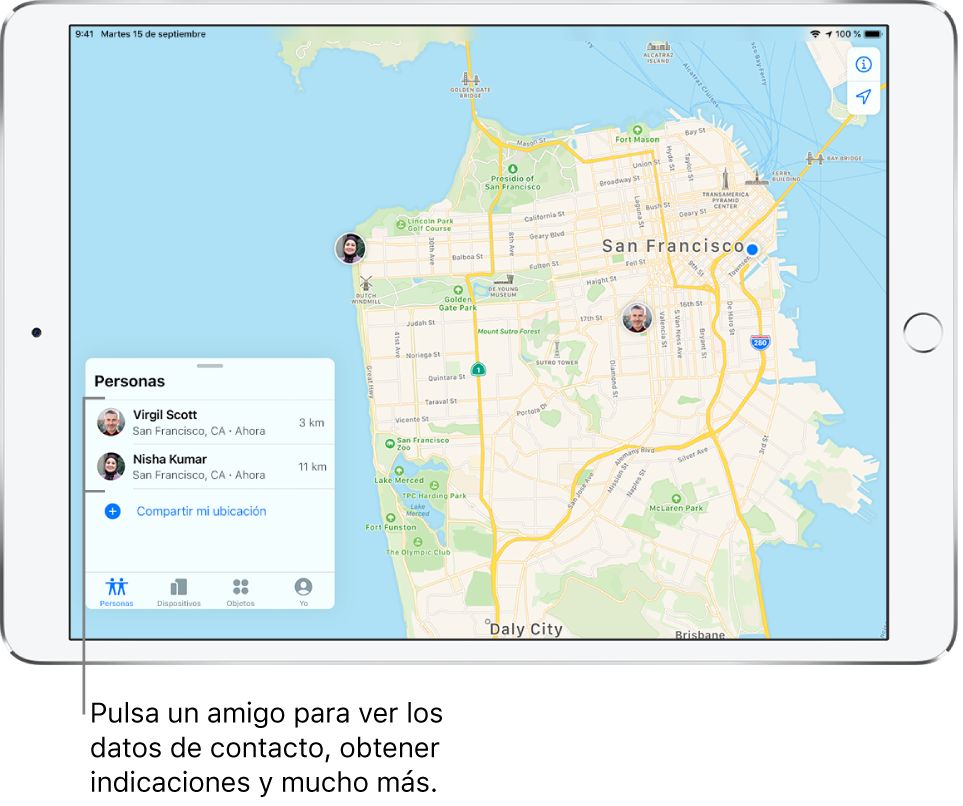 Pantalla Buscar abierta en la pestaña Personas. Hay dos amigos en la lista Personas: Virgil Scott y Nisha Kumar. Sus ubicaciones se muestran en un mapa de San Francisco.