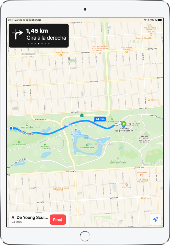 Mapa con una ruta para ir a pie. En la parte superior de la pantalla, una tira indica cuándo girar a la derecha. El botón Final se encuentra en la parte inferior de la pantalla.
