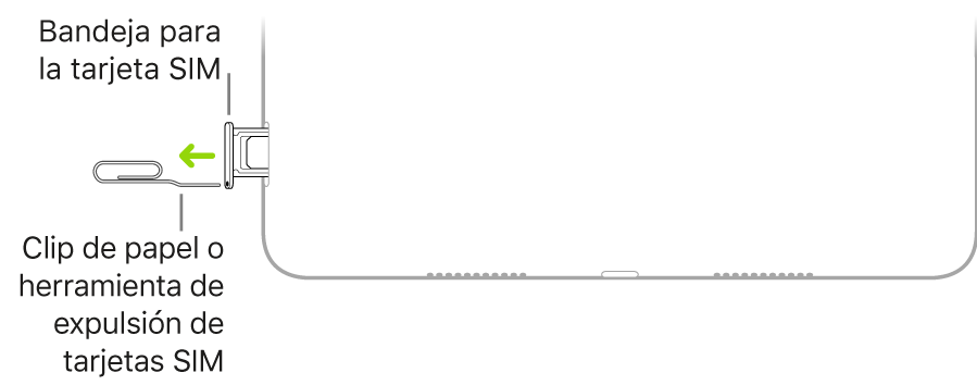 Inserción de un clip o la herramienta de extracción de SIM en el pequeño orificio de la bandeja de la tarjeta SIM situada en el lateral derecho del iPad.