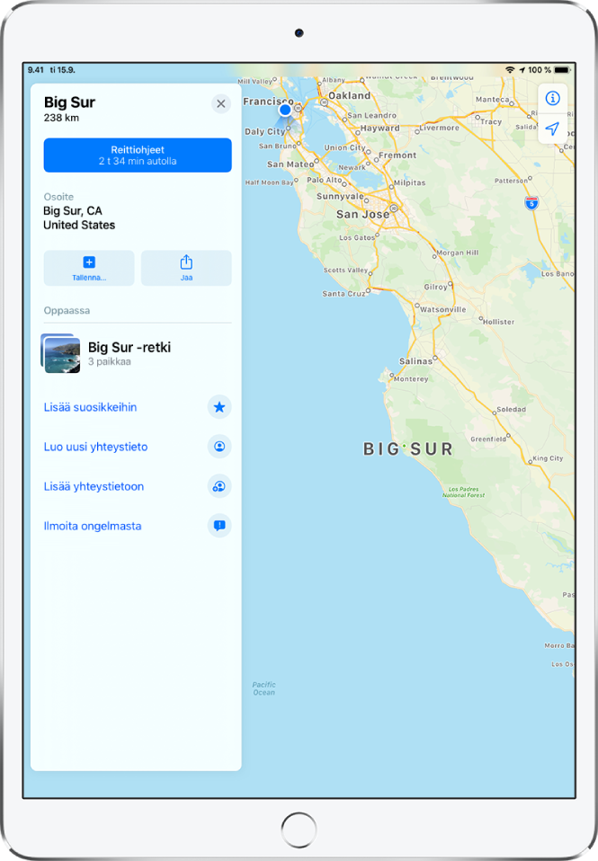 Kartta, jossa näkyy Big Sur -tietokortti. Reittiohjeet-painike näkyy tietokortissa.
