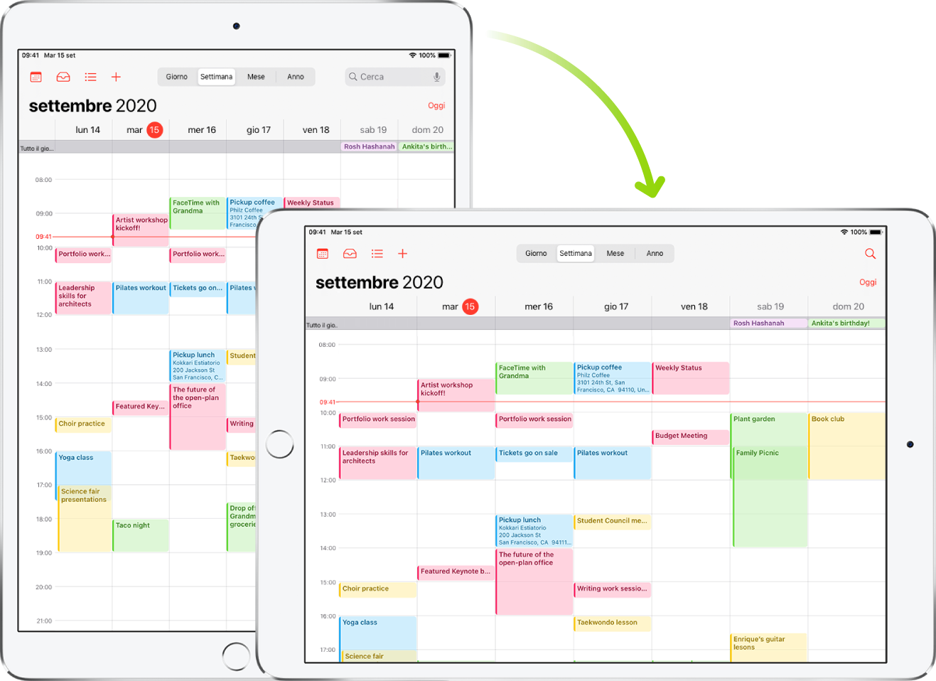 Sullo sfondo, iPad mostra una schermata di Calendario in orientamento verticale; in primo piano, iPad è ruotato e mostra la schermata di Calendario in orientamento orizzontale.