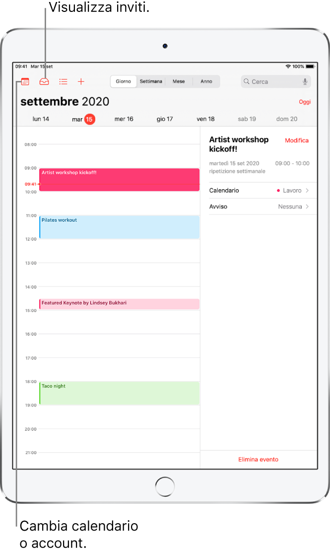 Un calendario con vista giorno. Tocca i nella parte superiore per passare alla vista Giorno, Settimana, Mese o Anno. Tocca il pulsante Calendari per cambiare calendario o account. Tocca il pulsante Entrata in alto a sinistra per visualizzare gli inviti.