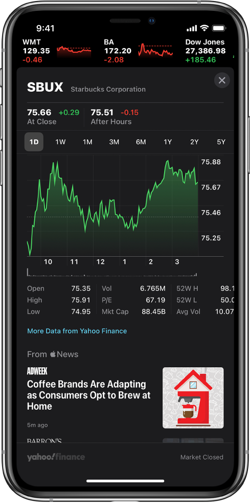 In the middle of the screen a chart shows the performance for a stock over the course of one day. Above the chart are buttons to display the stock performance by one day, one week, one month, three months, six months, one year, two years, or five years. Below the chart are stock details such as opening price, high, low, and market cap. Below the chart are Apple News articles related to stock.