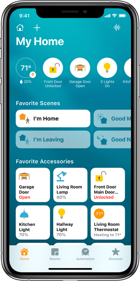 The Home tab, showing scenes and accessories that have been marked as favorites. Accessory status buttons are also shown. Other tabs across the bottom are Rooms and Automation.