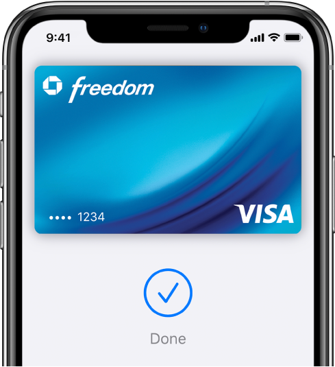 Krediitkaart rakenduse Wallet kuvas. Kaardi all on linnuke ja sõna “Done”.