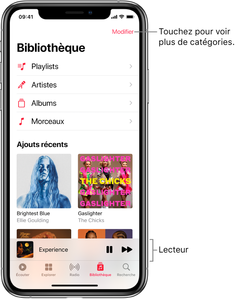 L’écran Bibliothèque avec une liste de catégories contenant Playlists, Artistes, Albums et Morceaux. Le titre Ajouts récents apparaît sous la liste. Le lecteur affichant le titre du morceau en cours d’écoute et les boutons Pause et Suivant qui apparaissent vers le bas de l’écran.