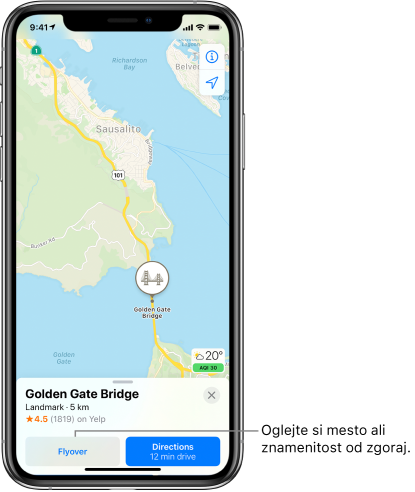 Zemljevid San Francisca. Na dnu zaslona kartica z informacijami o mostu Golden Gate prikazuje gumb Flyover na levi strani gumba Directions.