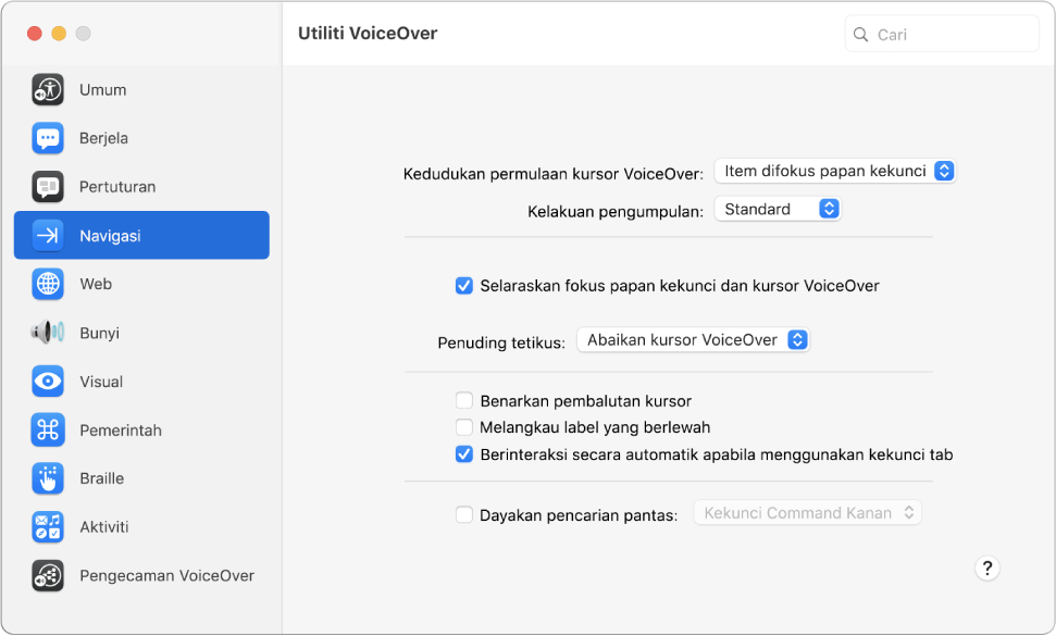 Tetingkap Utiliti VoiceOver menunjukkan kategori Navigasi dipilih dalam bar sisi pada sebelah kiri dan pilihan di sebelah kanan. Di penjuru kanan bawah tetingkap adalah butang Bantuan untuk memaparkan bantuan dalam talian tentang pilihan VoiceOver.