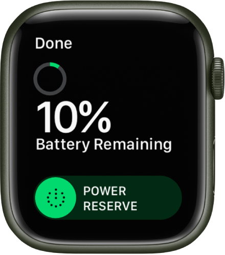 The Power Reserve screen showing the Done button at the top left, remaining battery percentage, and the Power Reserve slider.