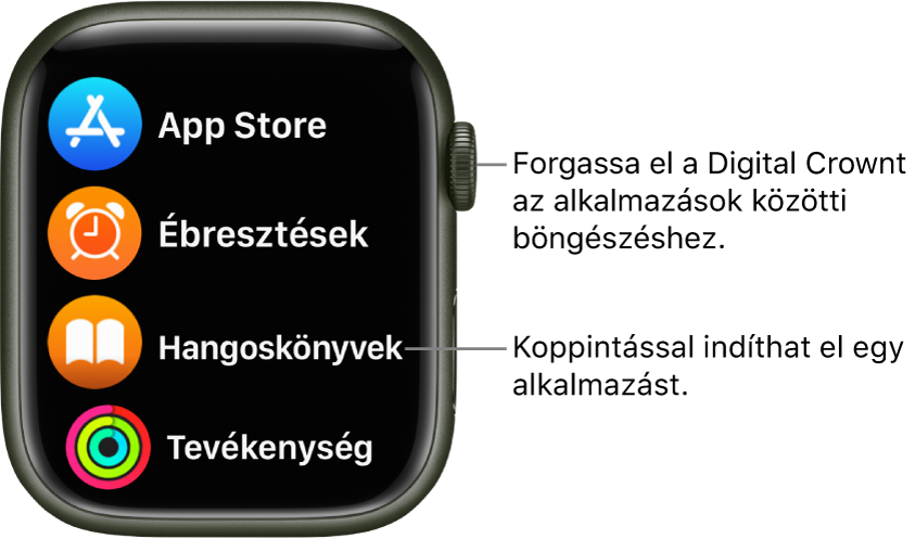 Az Apple Watch Főképernyője listanézetben az appok listájával. Az app megnyitásához koppintson rá. Görgessen a további appok megjelenítéséhez.