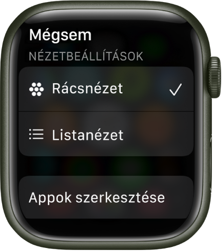 A Beállítások megtekintése képernyőn a Rácsnézet és a Listanézet gomb látható. Az Appok szerkesztése gomb a képernyő alján látható.